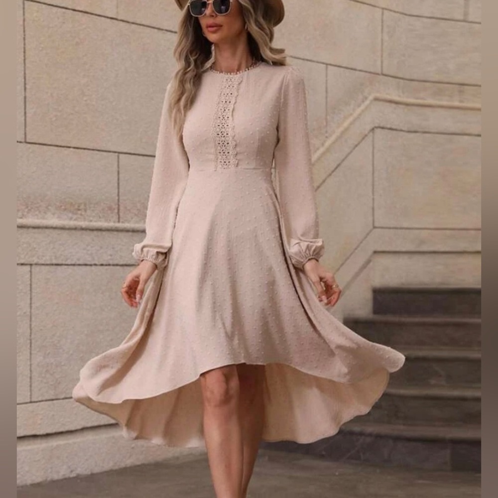 Guipure Lace Insert High Low Hem Dress